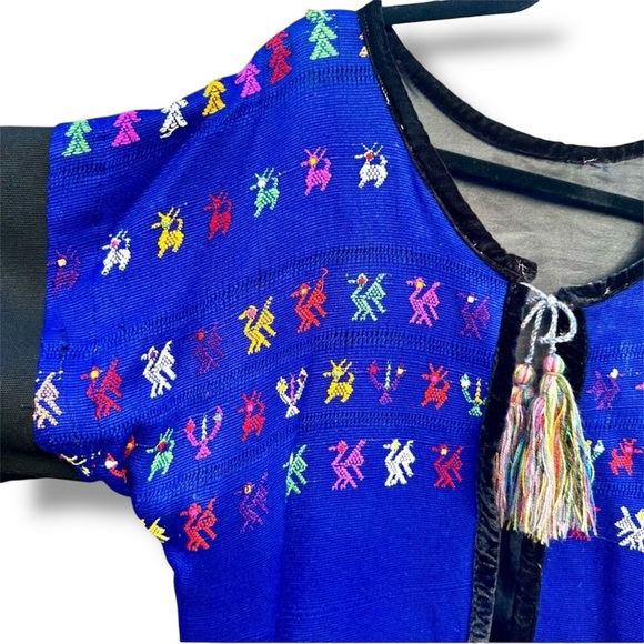 VTG Handmade Huipil Mexican Guatamalan Short Sleeve Thick Lined Cardigan Sz M-L - Picture 3 of 9